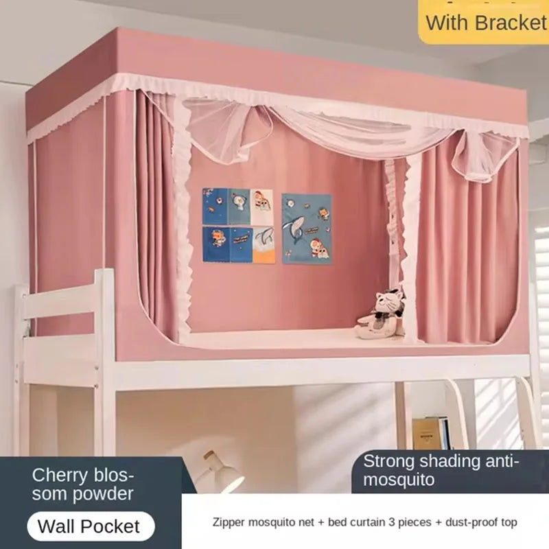 rideau lit superposé moustiquaire opaque tissu uni dentelle enfant chambre cocooning crochets bleu rose