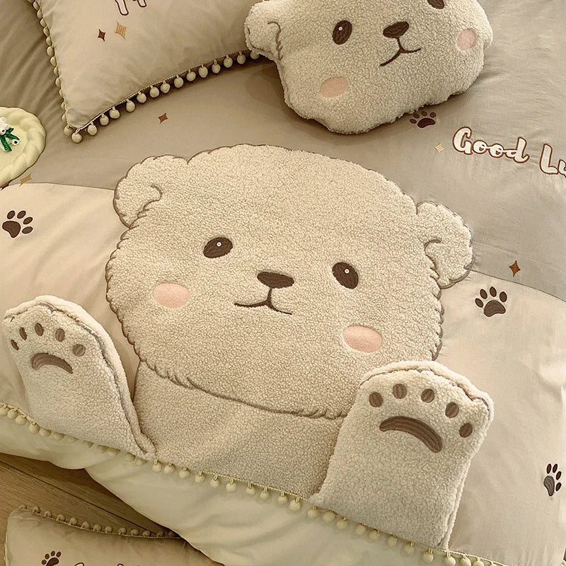 ensemble literie enfant ours mignon beige clair broderie pompons doux coton
