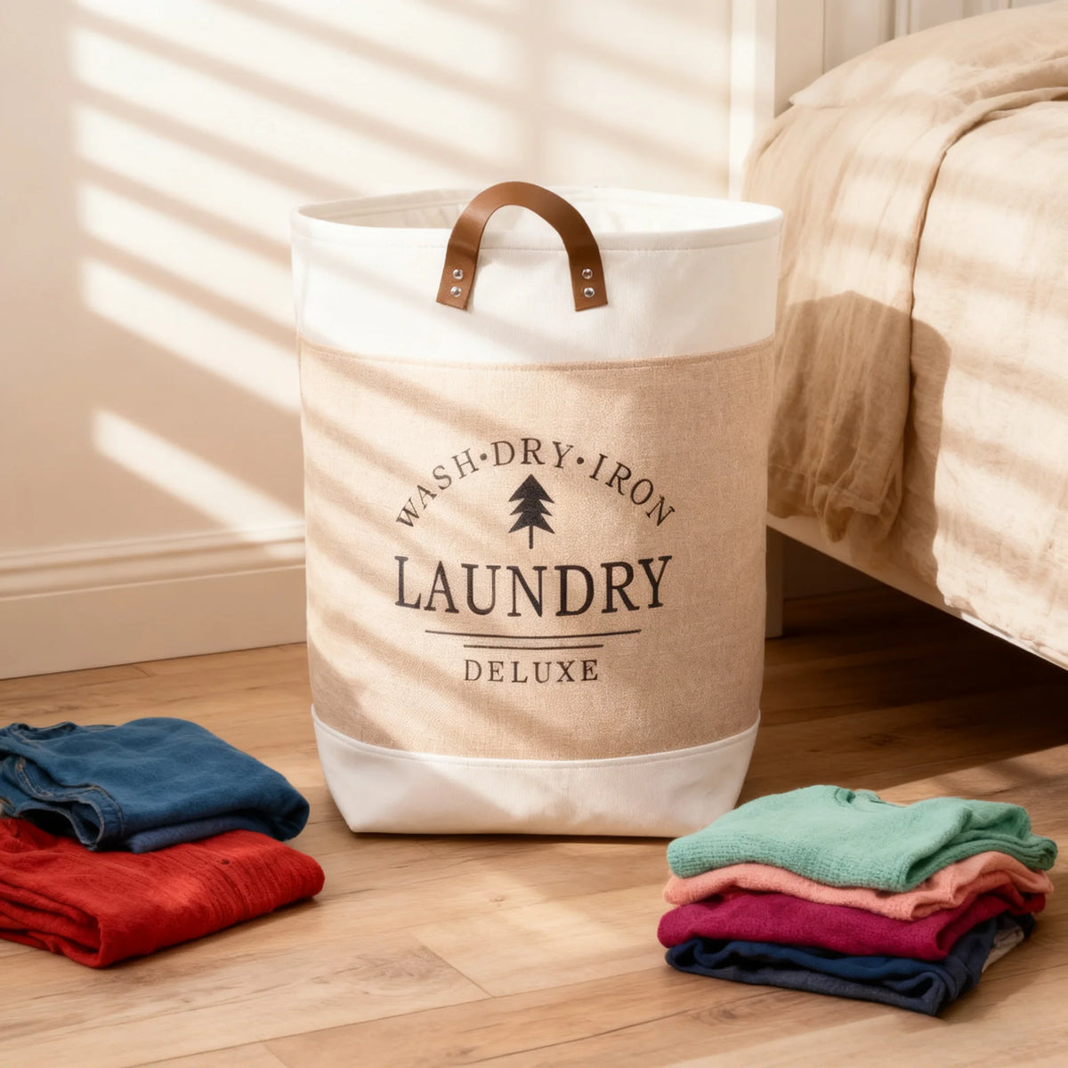 panier linge pliable toile coton beige gris moderne rustique poignées cuir buanderie chambre salon