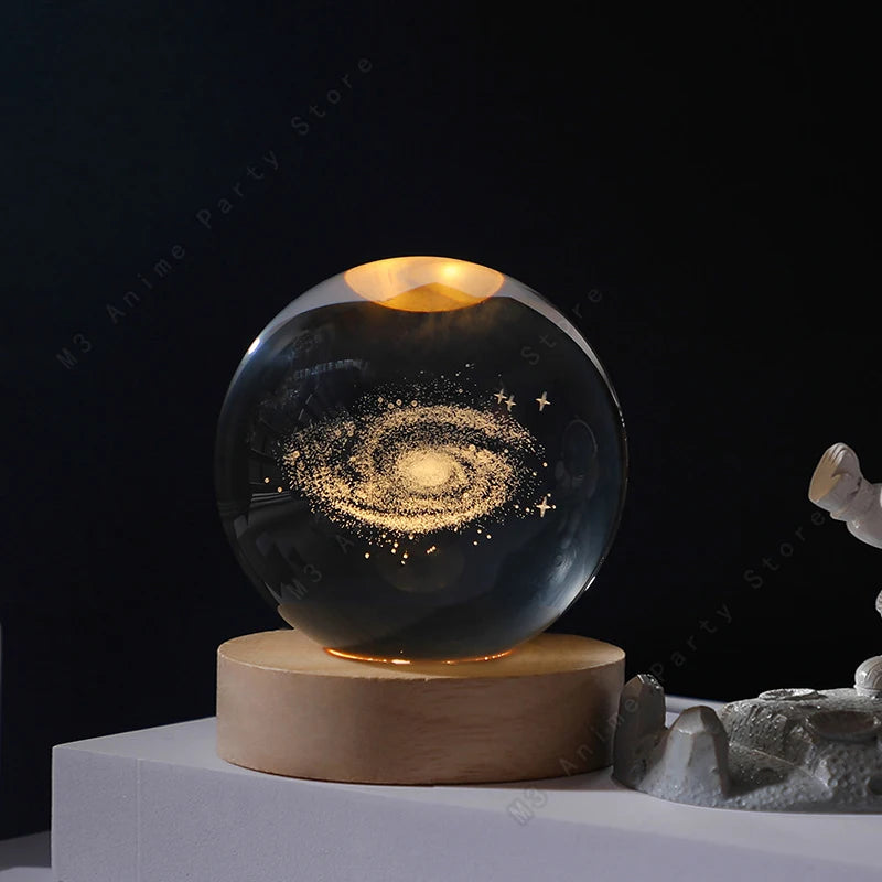 veilleuse globe céleste transparent doré planètes galaxie câble usb base bois deco chambre