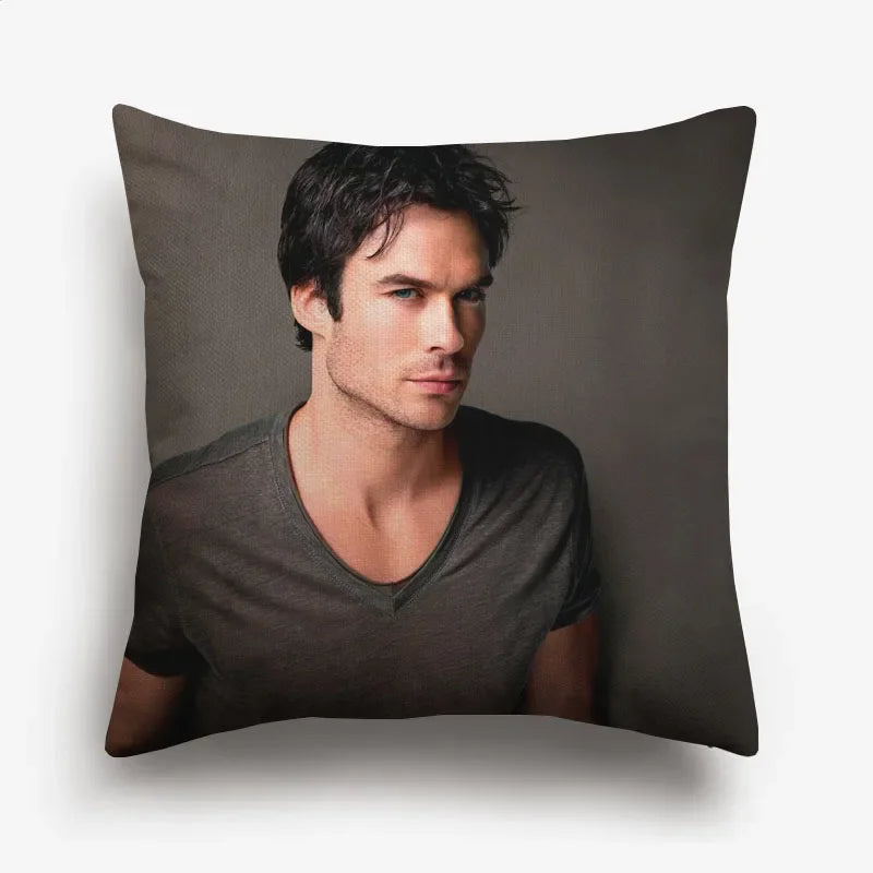 housse coussin décorative portrait acteur célèbre canapé salon moderne tissu polyester gris noir