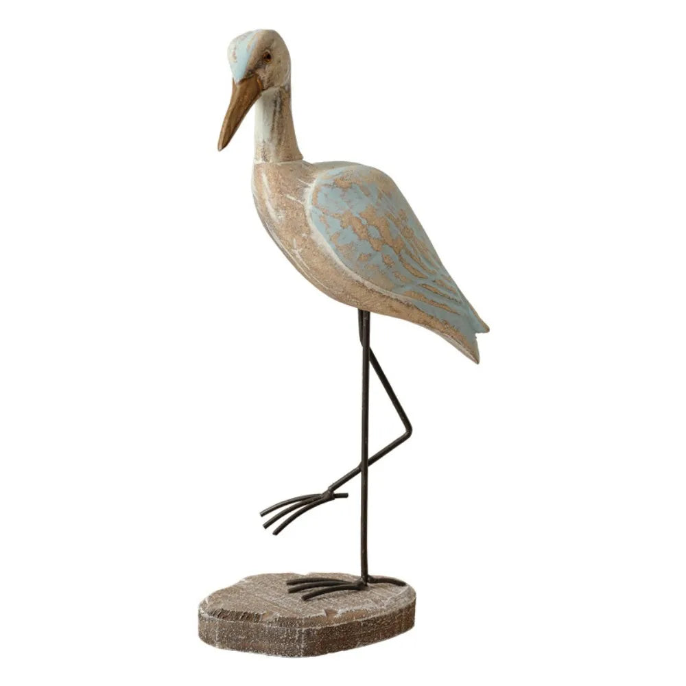 statue oiseau marin bois vieilli décoration héron rustique bleu brun patine métal noir