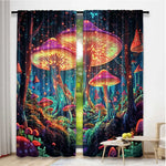 rideau polyester opaque champignons lumineux forêt fantastique couleur bleue verte rouge chambre salon