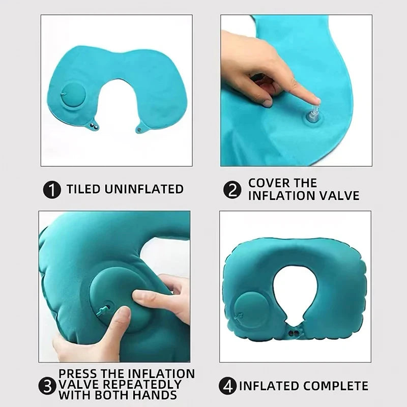 oreiller voyage gonflable forme cou bleu polyester ergonomique valve gonflageextérieur support confortable
