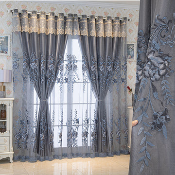 rideau classique gris bleu broderie florale semi transparent anneaux salon chambre maison