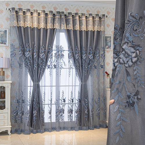rideau classique gris bleu broderie florale semi transparent anneaux salon chambre maison