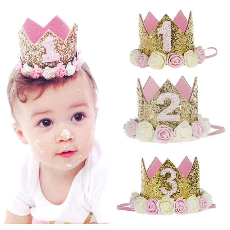 couronne enfant anniversaire ans paillettes or rose blanche fleurs artificielles bandeau élastique princesse festif