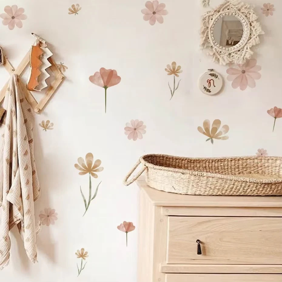 sticker mural fleurs rose clair feuilles naturel adhésif décoration chambre enfant salon maison