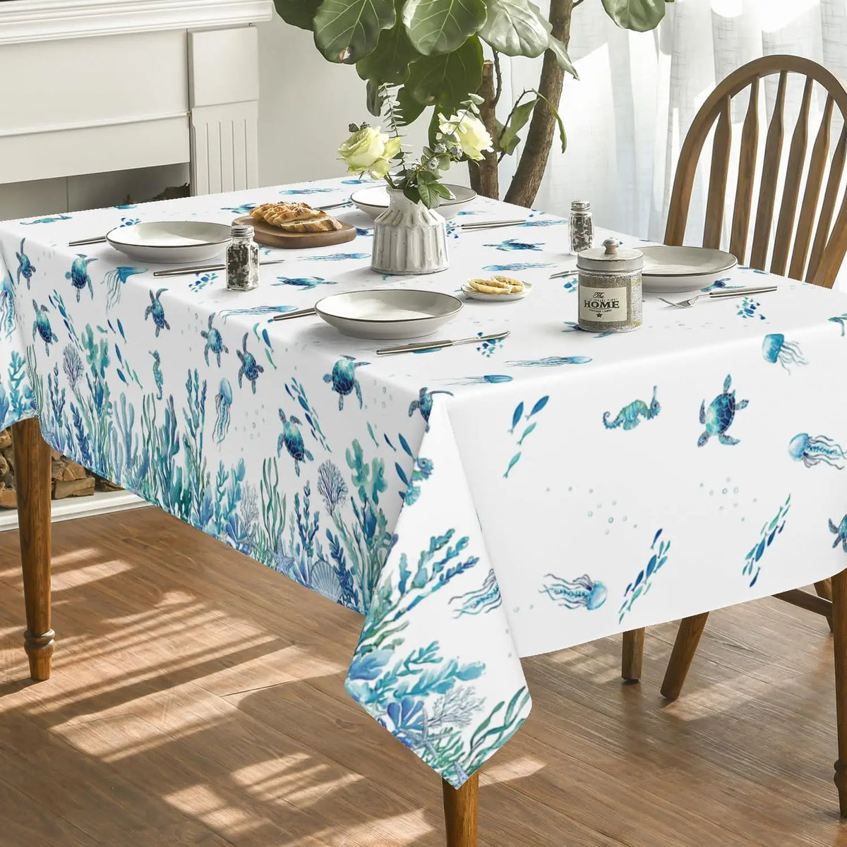 nappe imperméable motif marin tortues poissons moderne blanche bleue verte piscine pique nique table