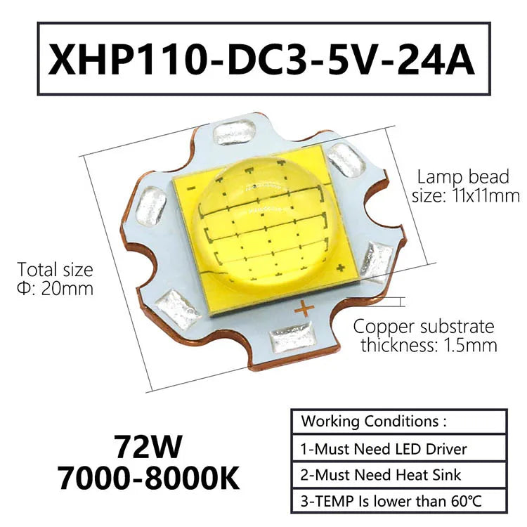 led xhp70 xhp90 xhp110 18w 24w 45w 72w cool white 7000k 8000k 50000h luminosité