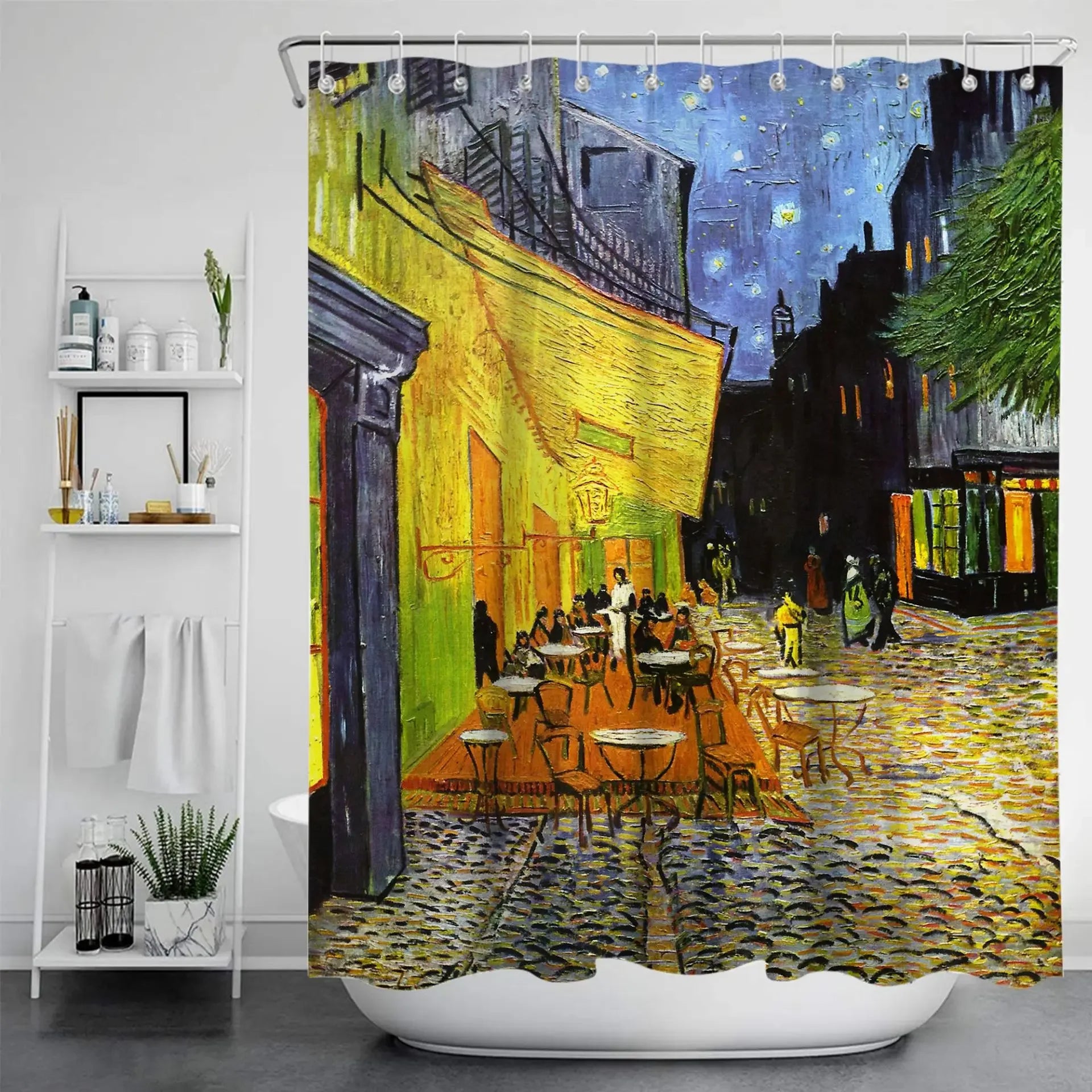 Reproduction du tableau “Café Terrace at Night” de Van Gogh, représentant une terrasse de café illuminée sur une place pavée, sous un ciel étoilé. 