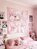 tapisserie anime fille rose polka dots motifs accessoires chambre ado decoration murale dessin animé