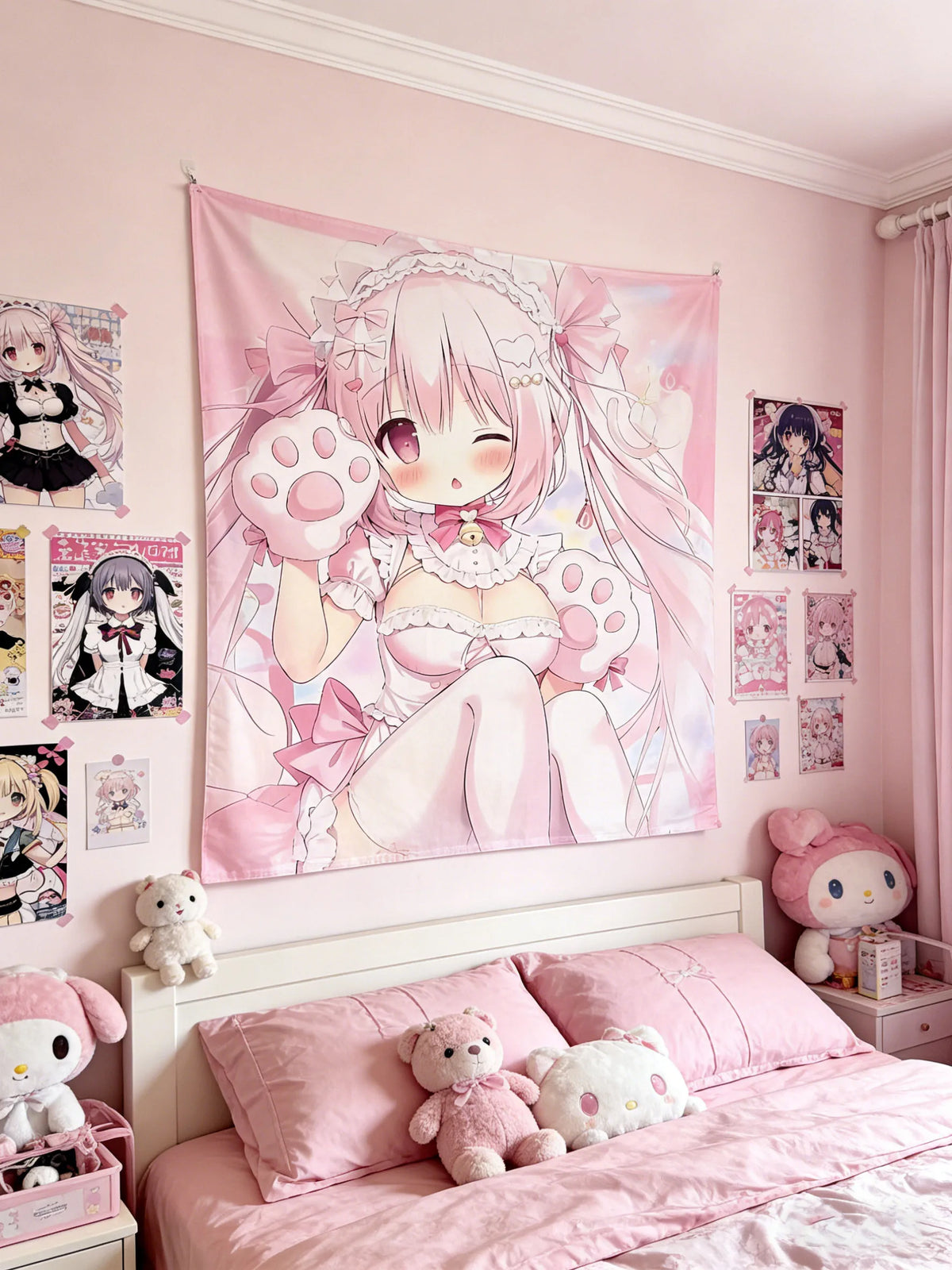 tapisserie anime fille rose polka dots motifs accessoires chambre ado decoration murale dessin animé