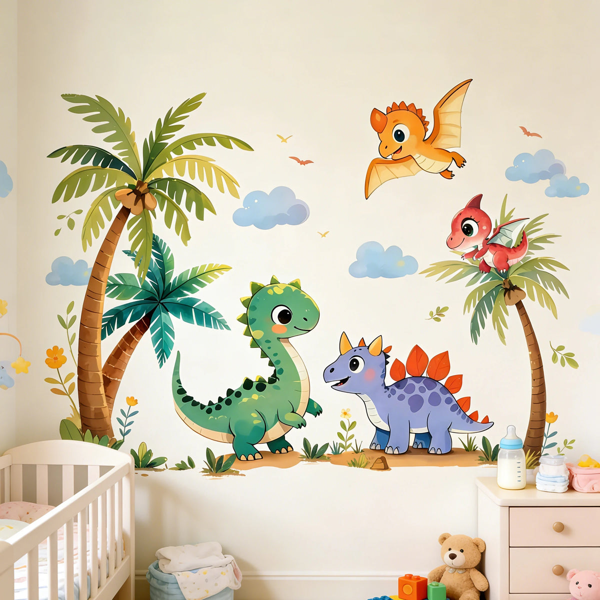 sticker mur dinosaure dessin animé palmier nuage fleur enfant chambre décoration unique