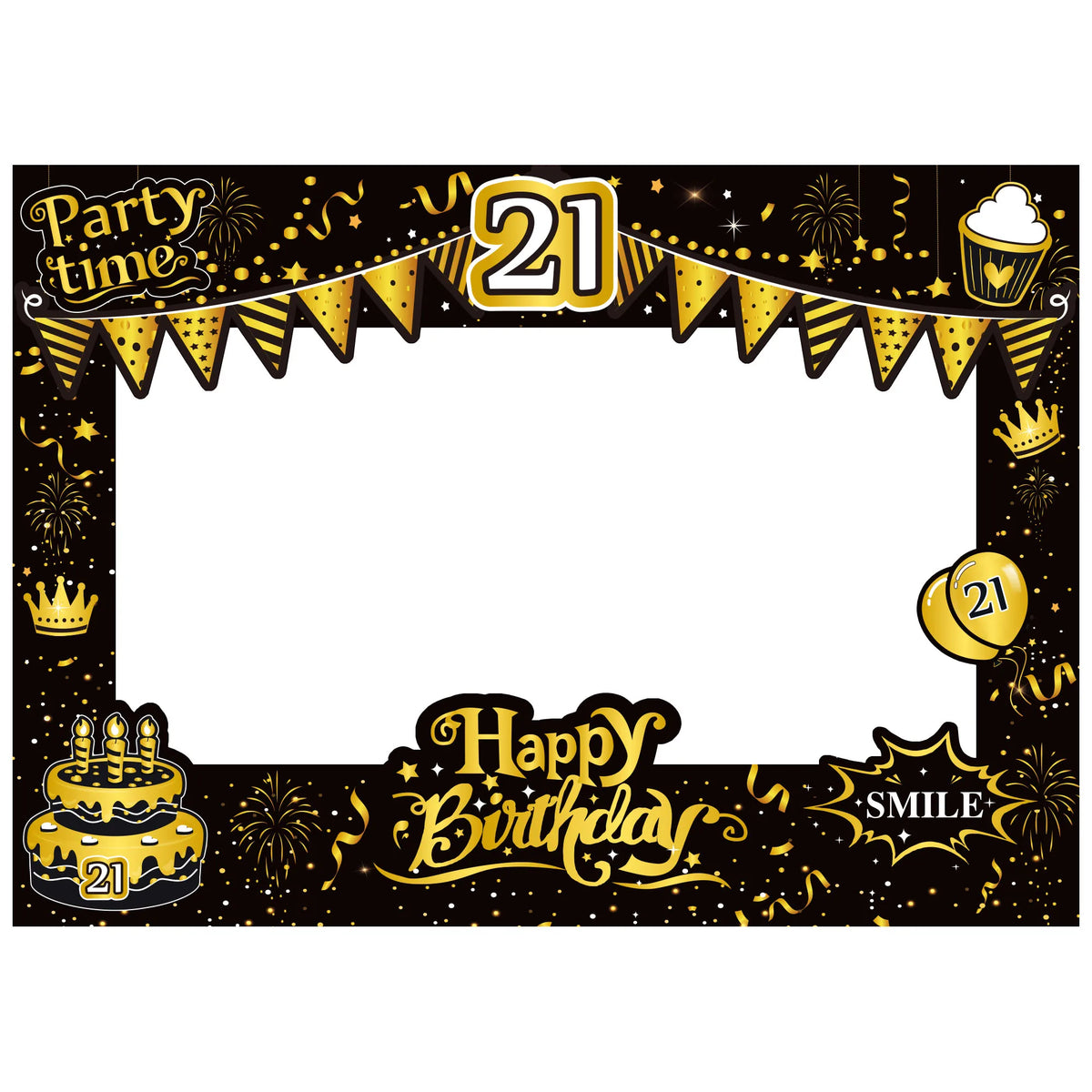 cadre photo noir doré guirlandes happy birthday party time smile festive