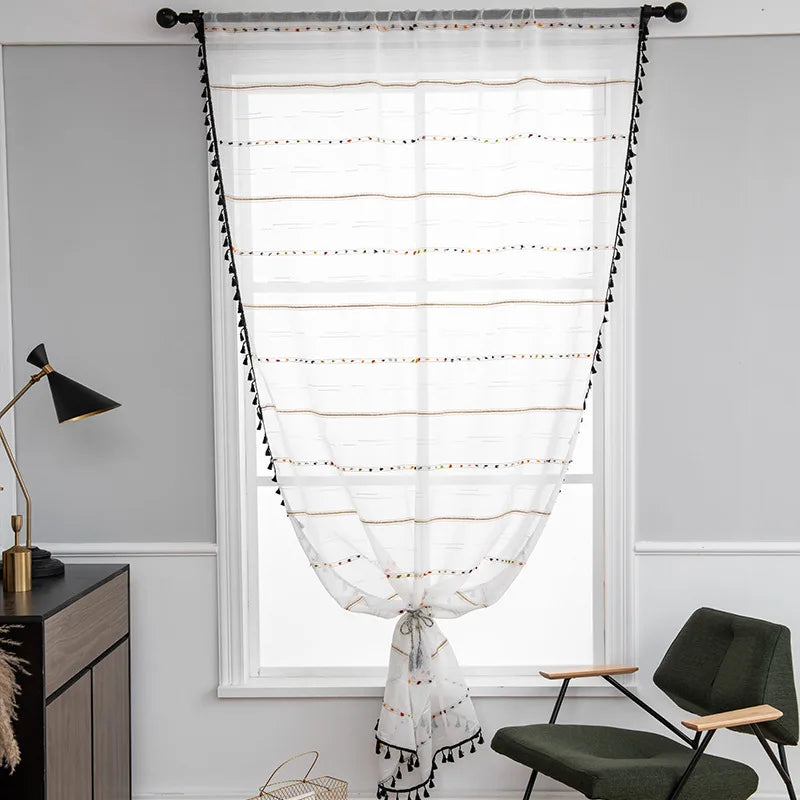rideau rayures horizontales franges noires blanc beige moderne bohème deux panneaux polyester