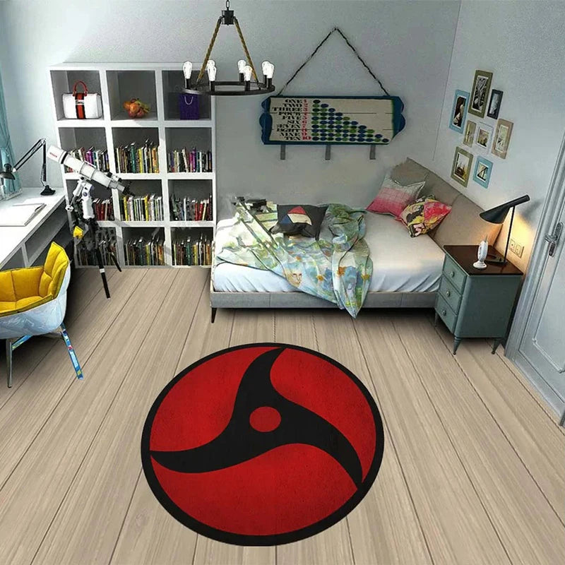 tapis rond naruto symbole trois lobes rouge noir moderne chambre adolescente 80cm 100cm 120cm
