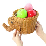 panier rangement tressé forme éléphant décoratif couleur beige marron fruits variés réutilisable respectueux environnement