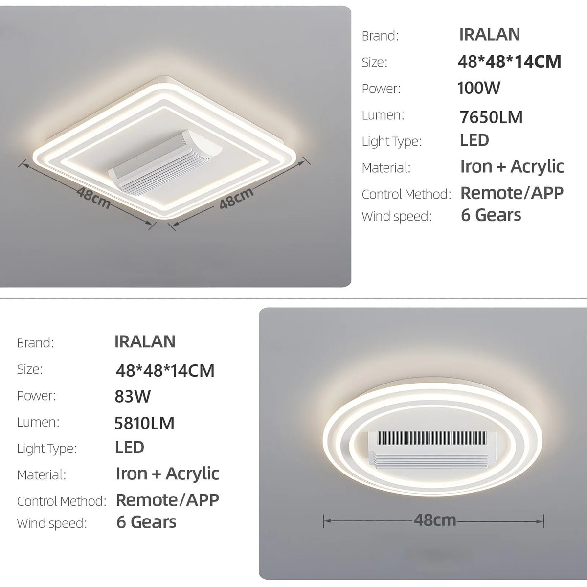 ventilateur led moderne sans pale blanc minimaliste télécommande lumineuses intégrées chambre salon