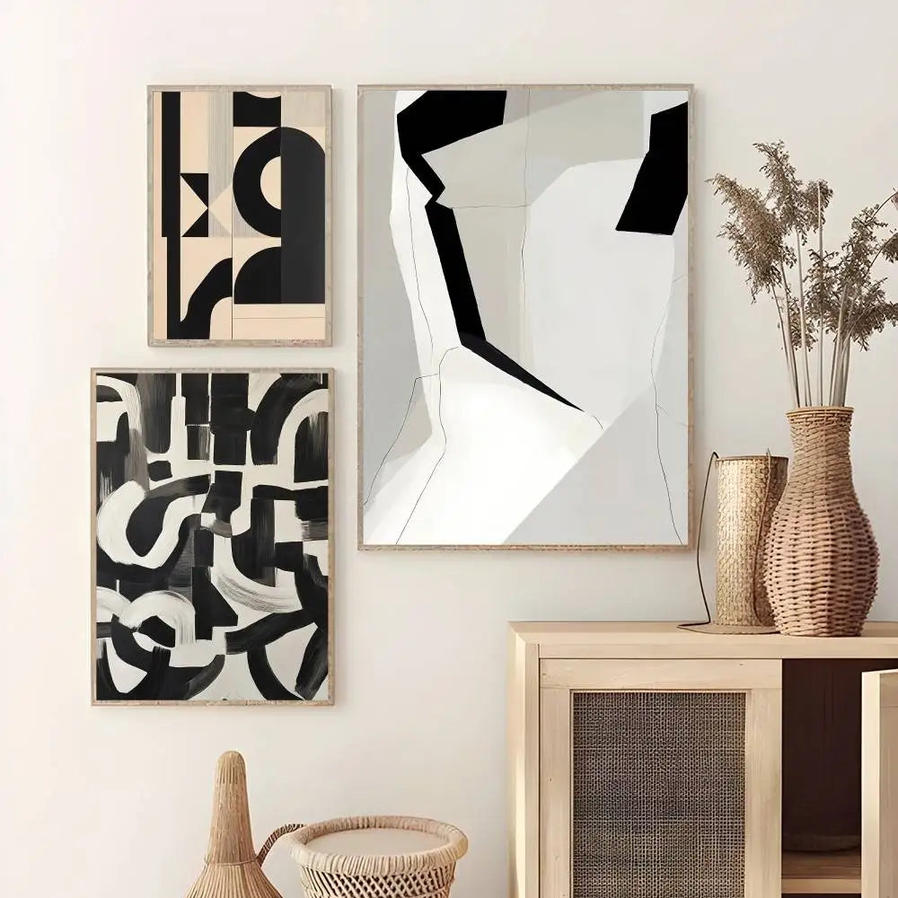 affiche art abstrait contemporain minimaliste noir blanc gris clair composition géométrique ligne simple courbe