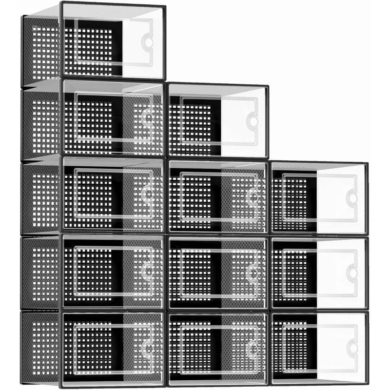boîtes chaussures noires transparentes grille moderne empilables organisation rangement plastiquepaque 12