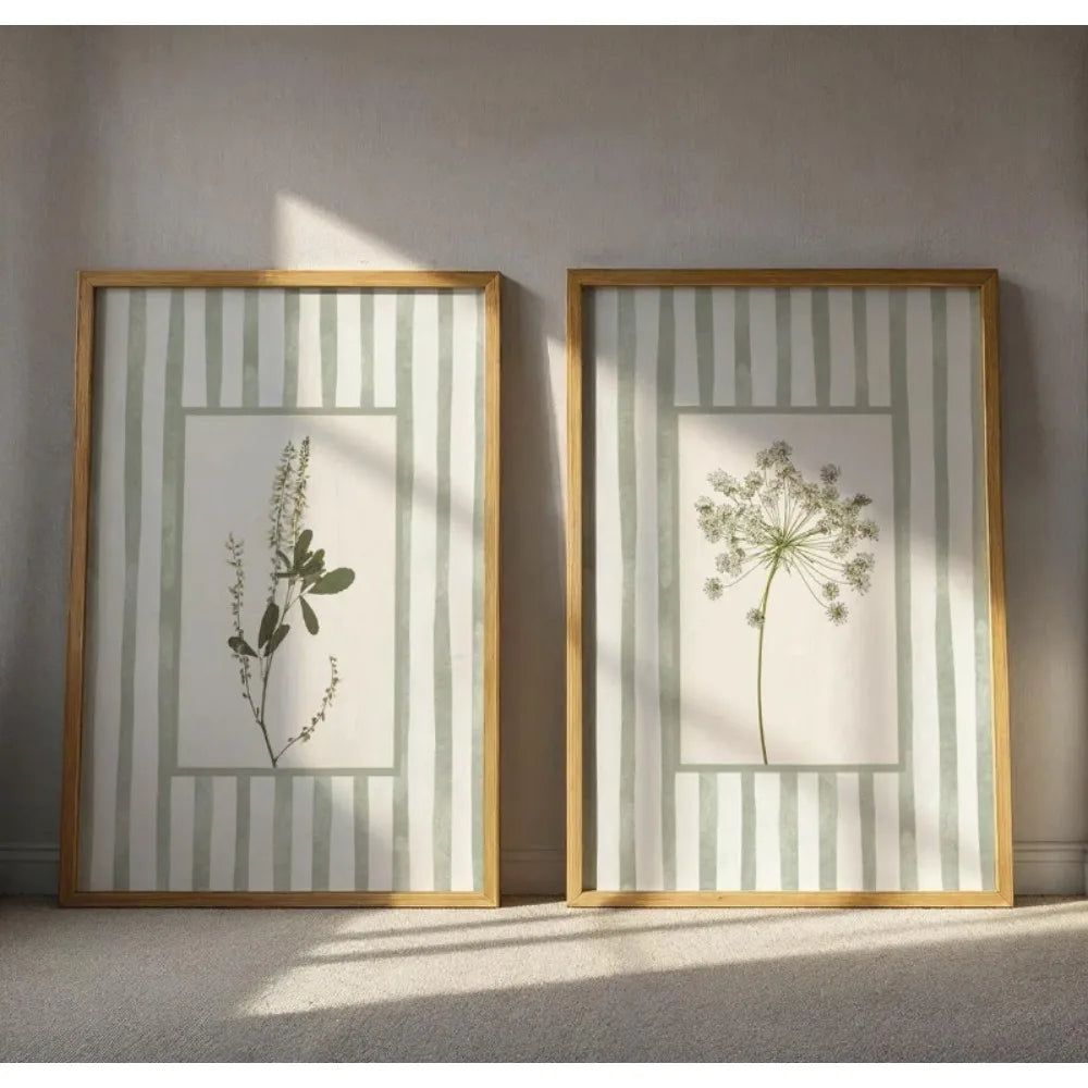 affiche encadrée minimaliste naturel fleurs vertes rayures verticales toile 40x50cm 30x40cm 20x30cm