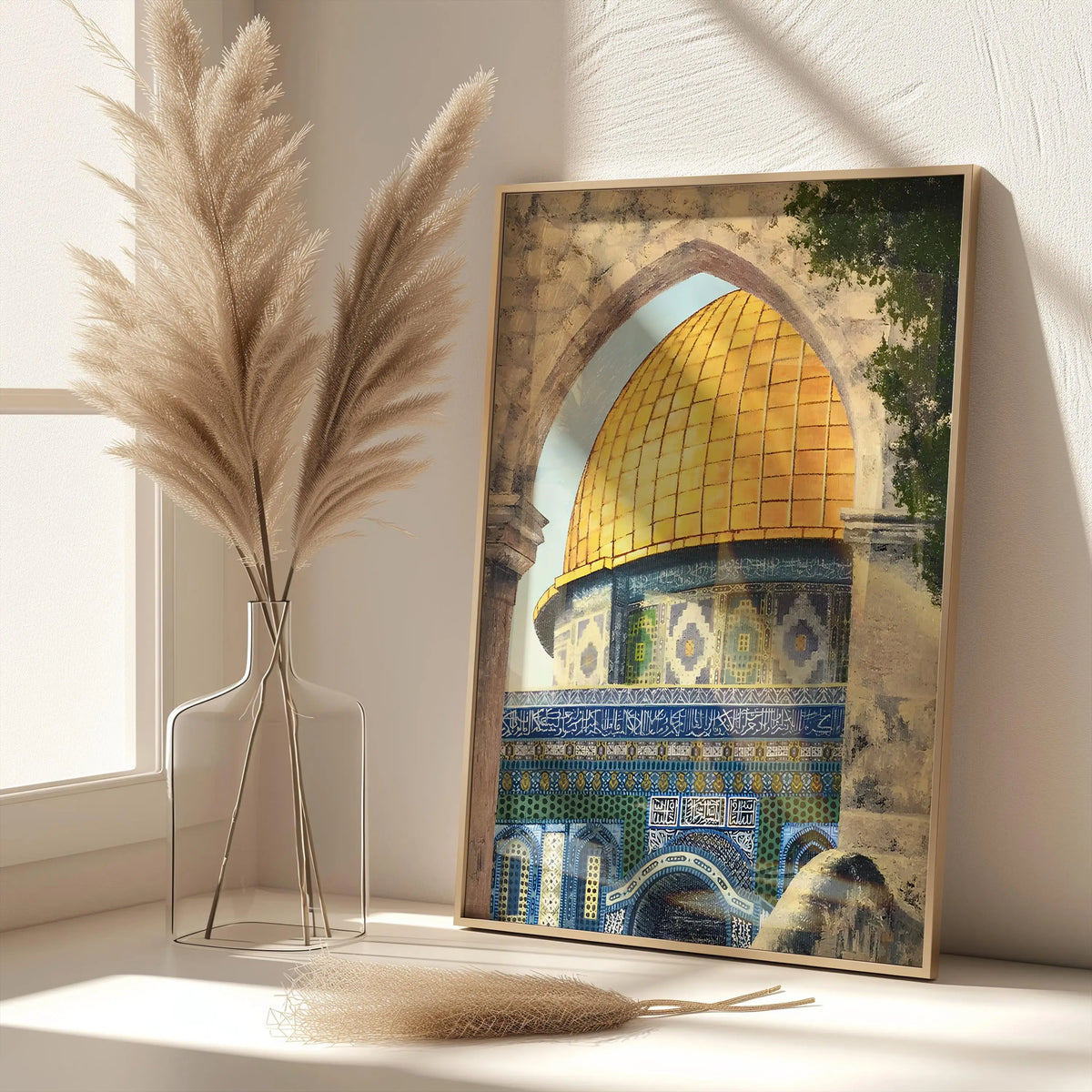 toile imprimée art islamique traditionnel motifs géométriques calligraphie arabe beige bleu doré vert decoration