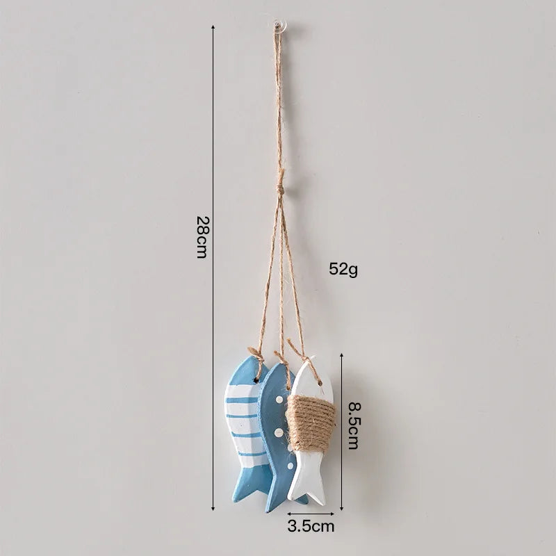 décoration murale poisson bois rayures pois bleu clair blanc vintage corde nouée