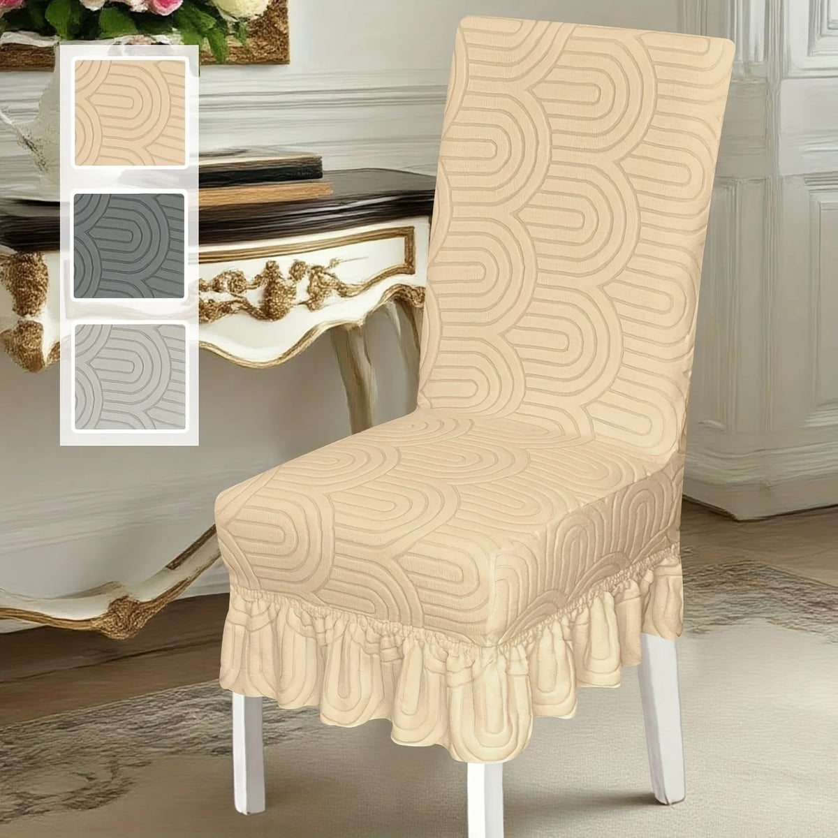 housse chaise motif géométrique beige gris moderne élasthanne polyester adjustable salon