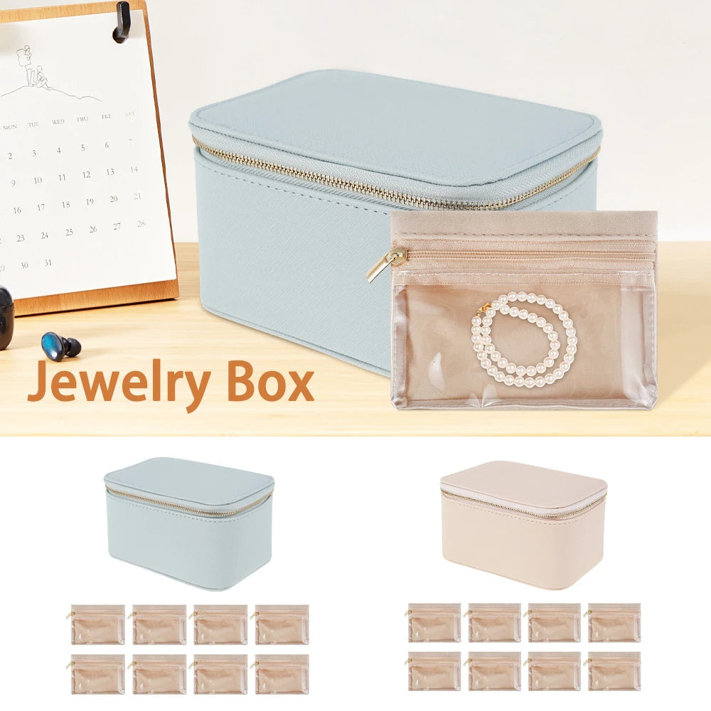 boîte bijoux simili cuir bleu clair moderne rangement pochettes fermeture glissière voyage pratique