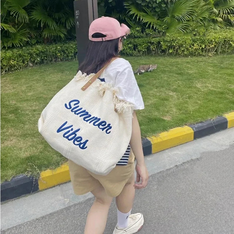 sac main toile vert olive rose beige clair franges été pliable durable haute qualité