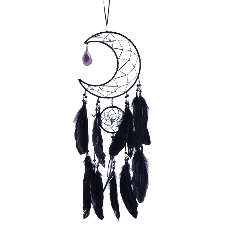 décoration murale attrape rêves noir plumes filigrane pierre semi précieuse boho ethnique chambre coucher
