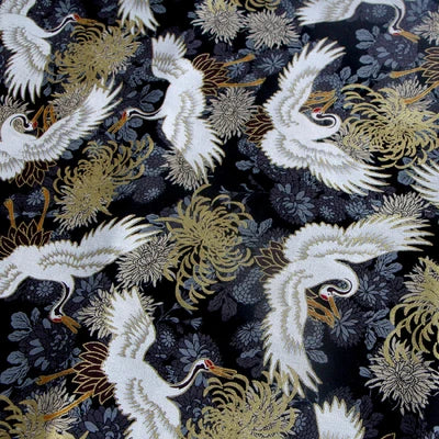 tissu brocart coton bleu foncé motifs grues fleurs japonais 145cm absorption bricolage couture patchwork