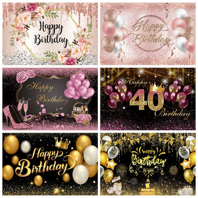 Toile de fond anniversaire or rose avec fleurs et diamants
