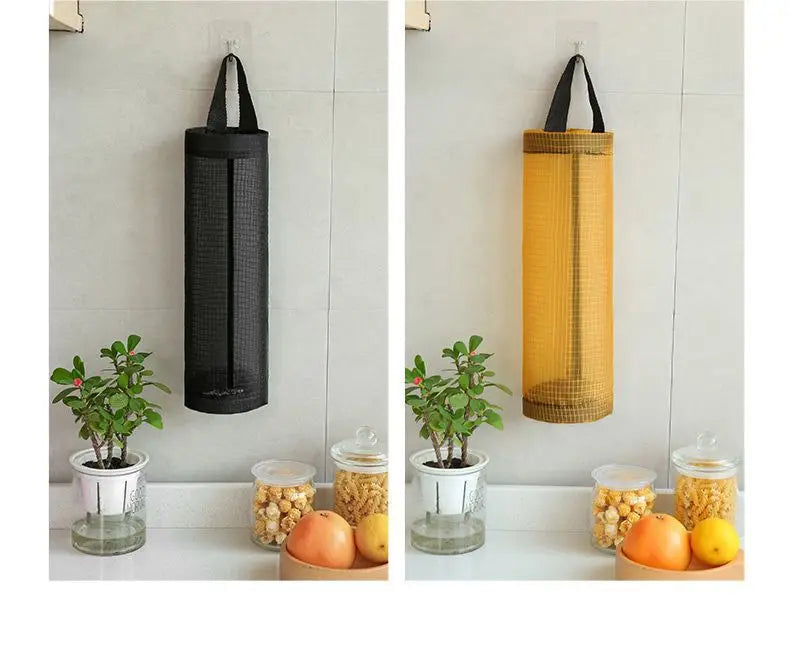sacs rangement réutilisables polyester maille grossière accroche mur porte noir gris jaune semi transparent