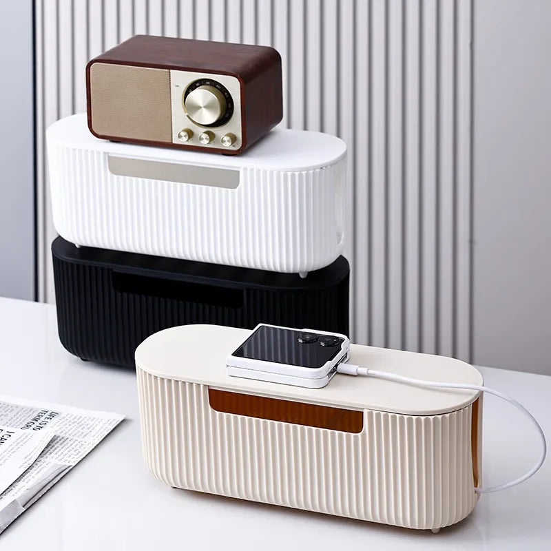 boîte rangement tissus moderne beige noir blanc rayures verticales stockage cordon charge organiser câbles