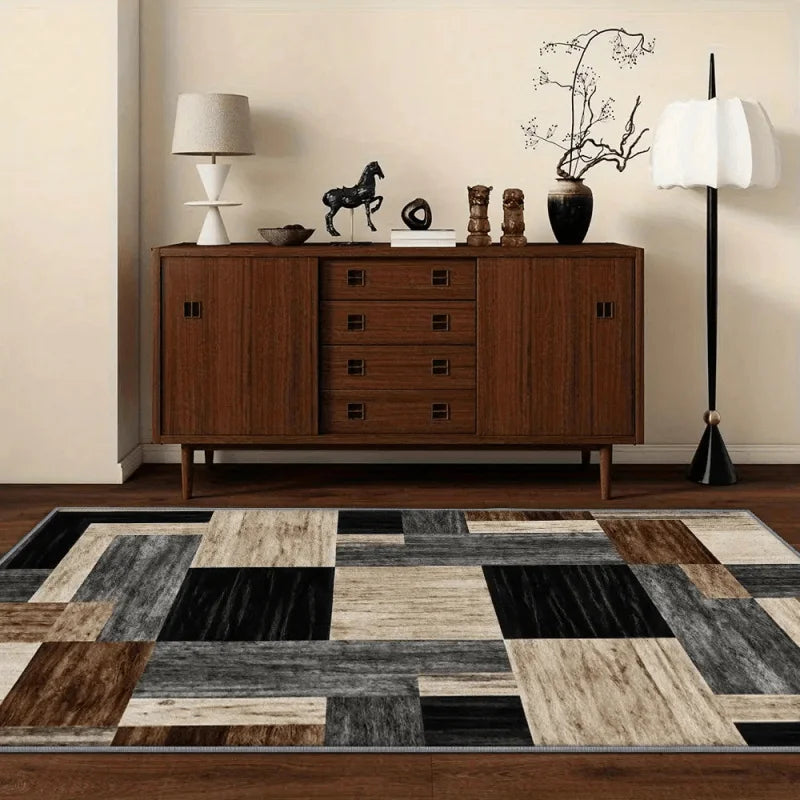 tapis moderne géométrique imitation bois noir gris marron polyester antidérapant salon chambre extérieur