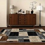 tapis moderne géométrique imitation bois noir gris marron polyester antidérapant salon chambre extérieur