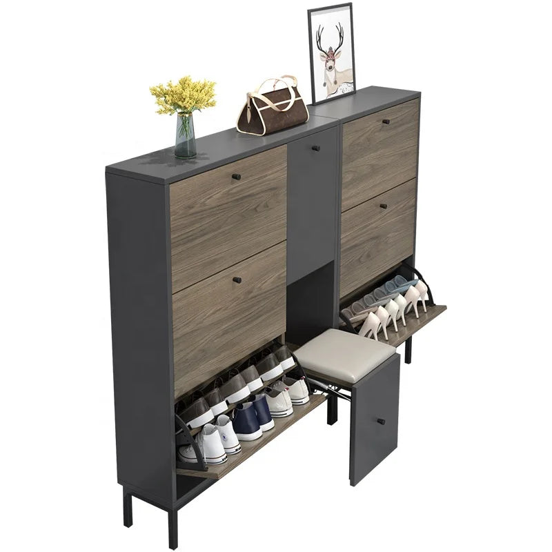 meuble chaussures banc intégré rangement étagères bois gris moderne boîte sacs accessoires chambre confortABLE