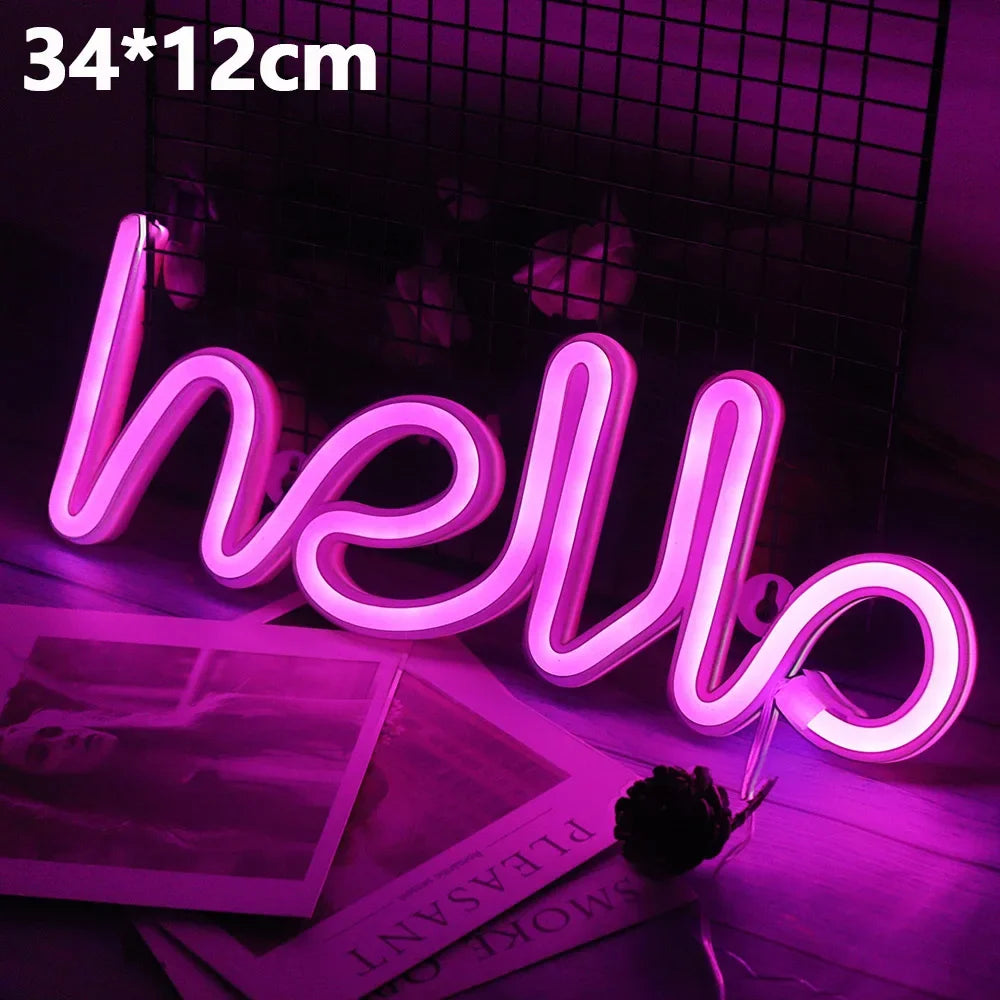 enseigne lumineuse welcome néon blanc rose bleu lettres stylisées boîte charge usb cable charge