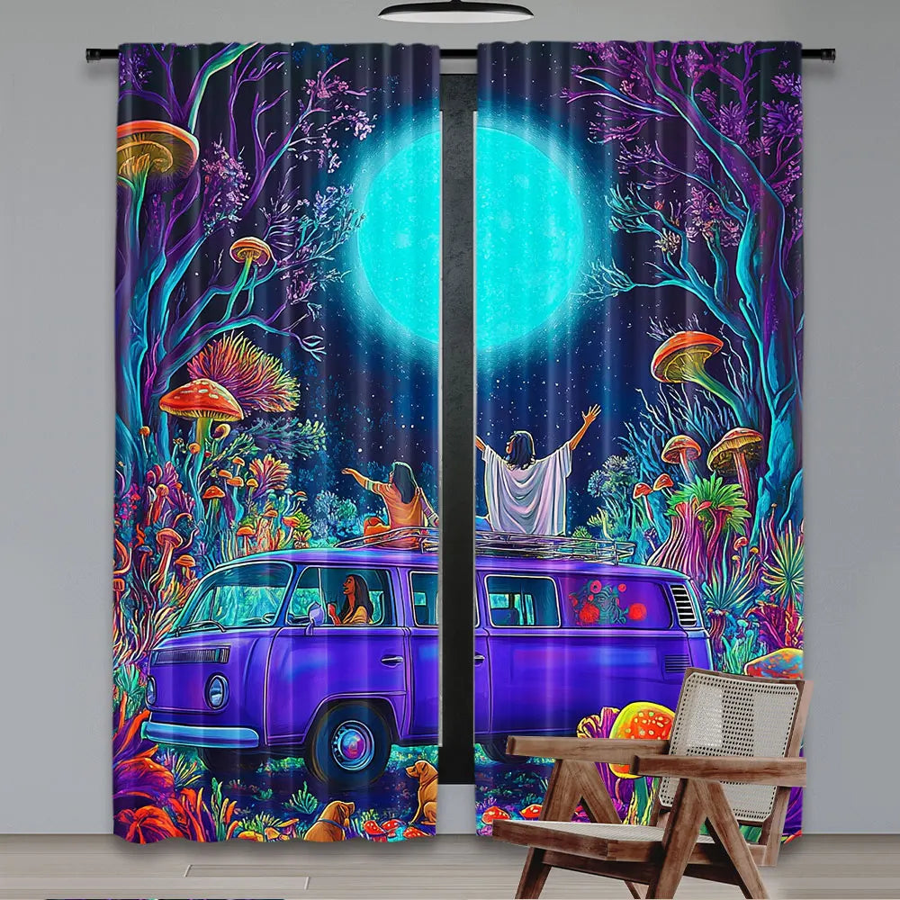 rideau polyester violet bleu vert moderne personnages champignons forêt 75x166 105x230 130x210