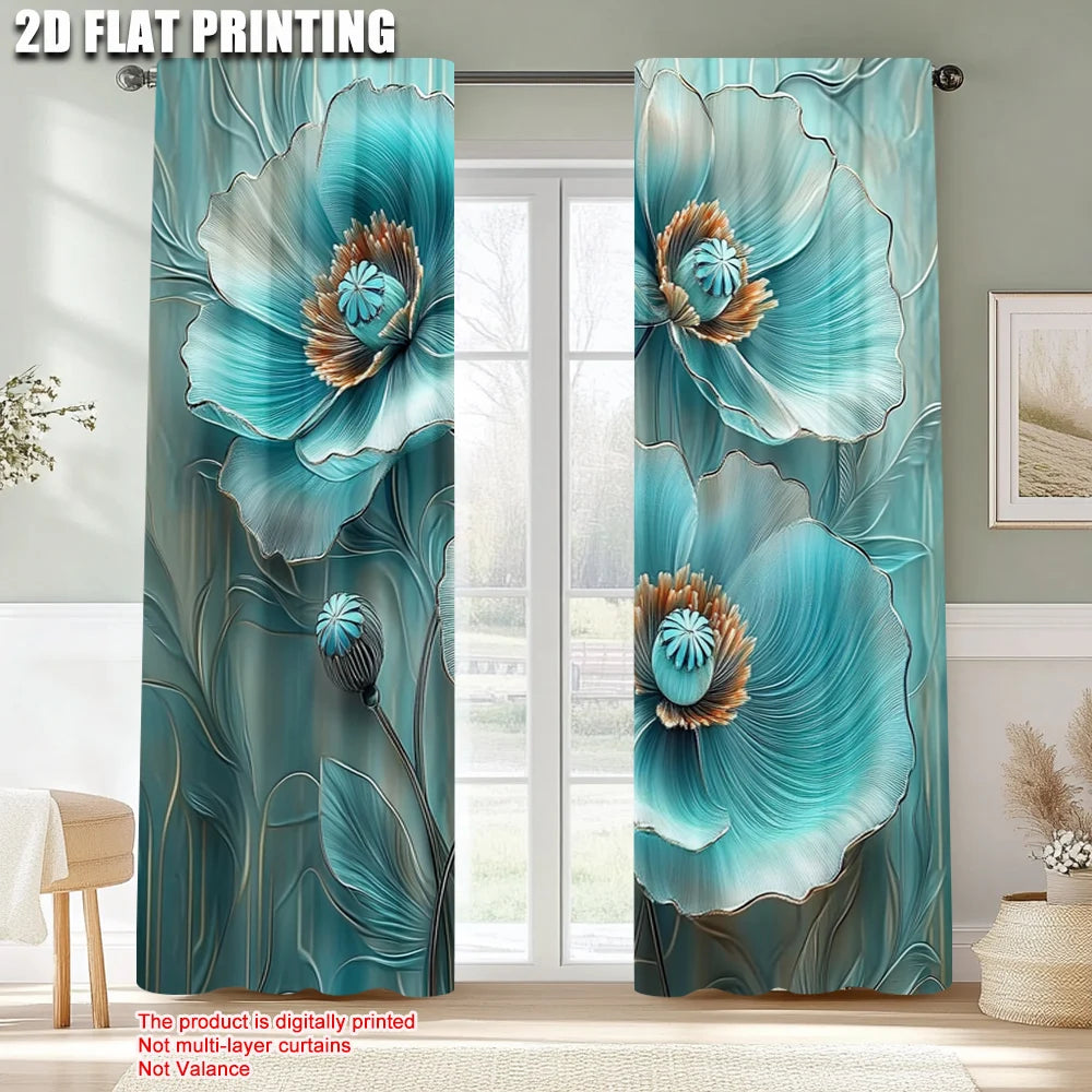 rideaux decoratifs deux panneaux polyester bleu turquoise motifs floraux modernes maison