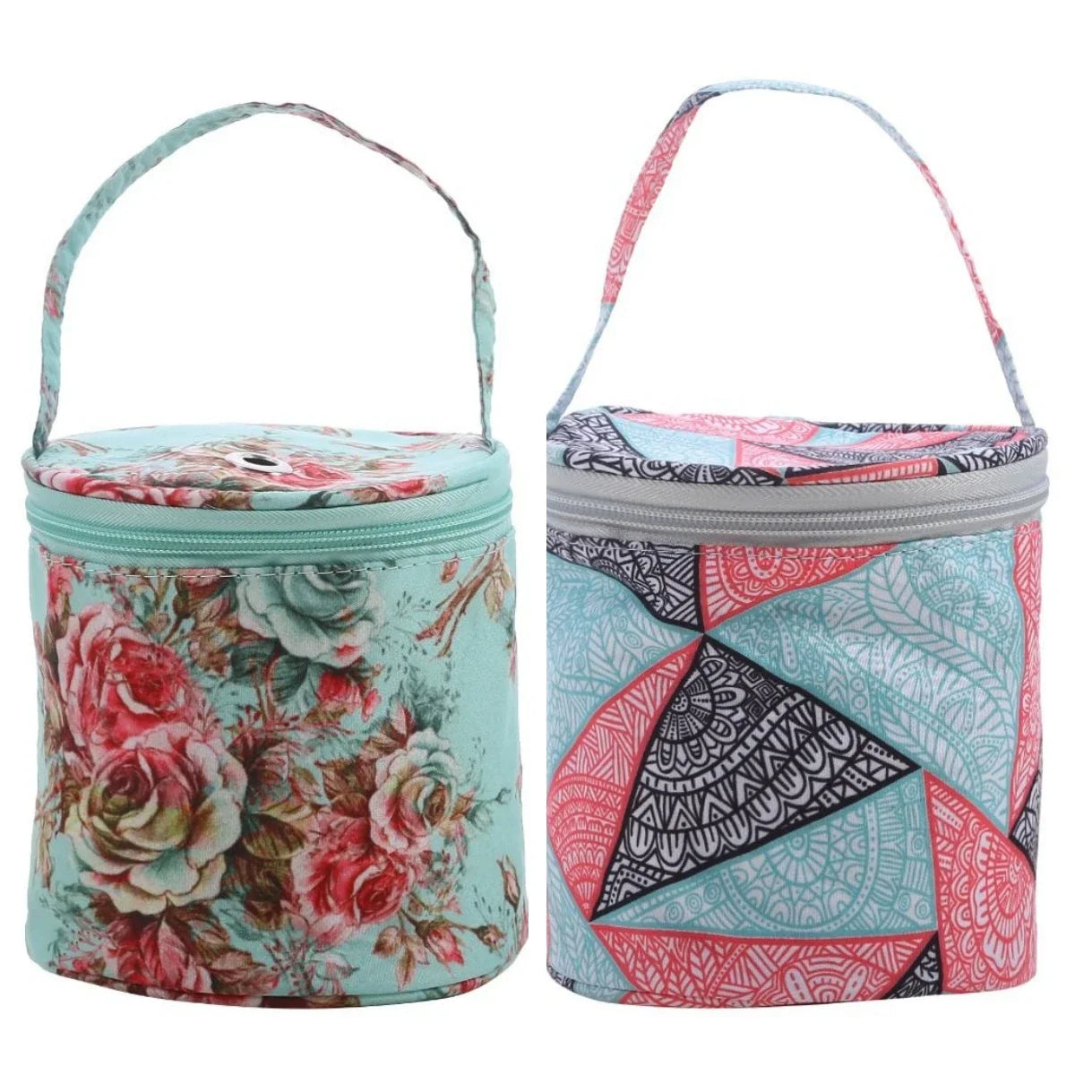 sac main rond polyestère réutilisable multi usages vert rose patchwork vintage fleur animal gravures