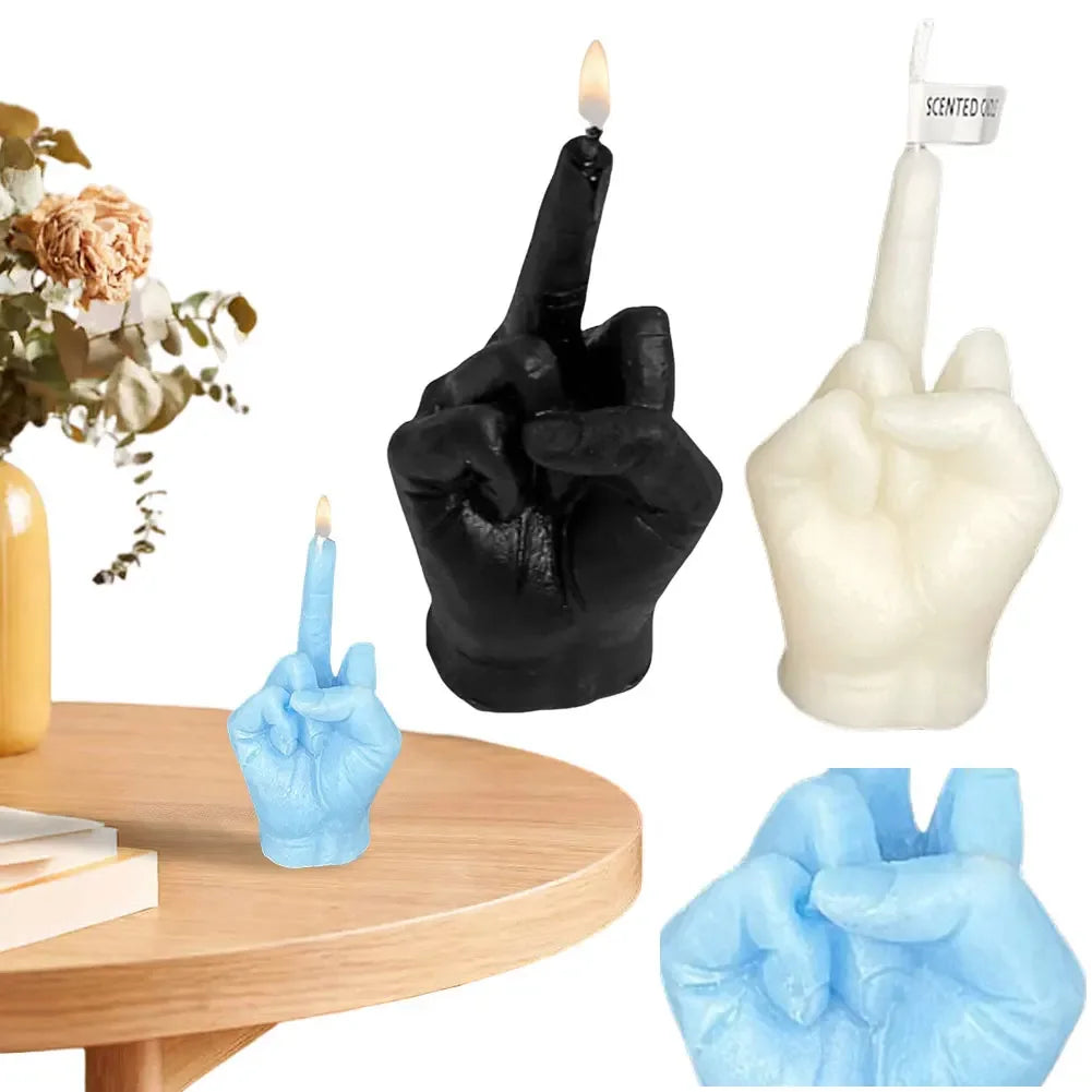 bougie parfumée cire soja main doigt humoristique créative noir blanc bleu réaliste maison