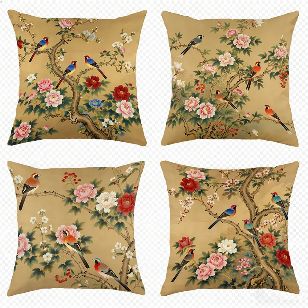 taies d'oreiller imprimées fleurs oiseaux vintage polyester beige zipper 45x45cm décoration maison hospitalière