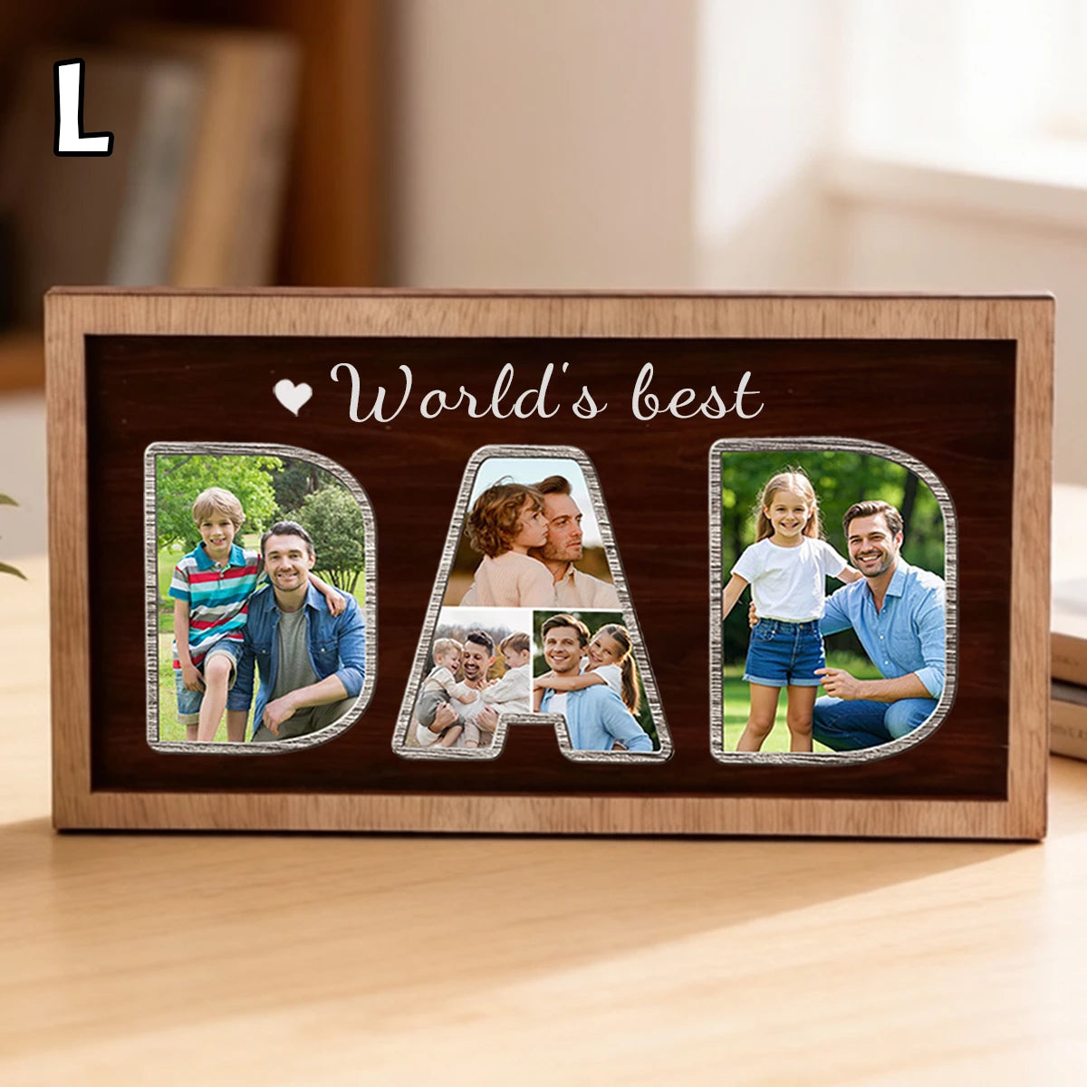 cadre photo personnalisé bois marron décoration familiale texte dad world's best