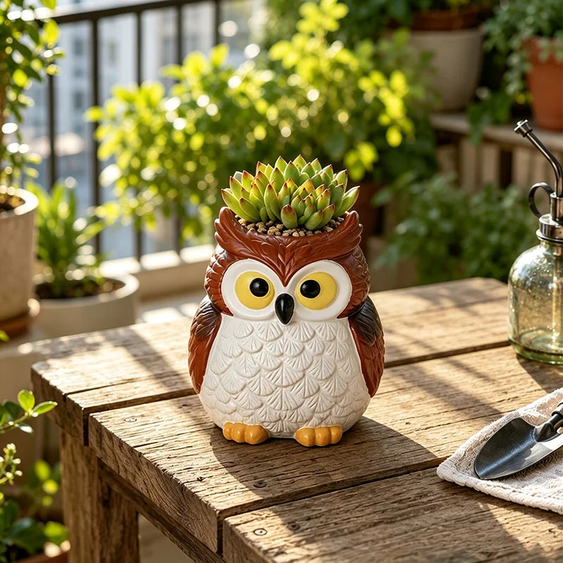 pots fleurs décoration hibou hérisson succulentes plante verte résine texturée épines plumes piquantes gravéesextérieurintérieur