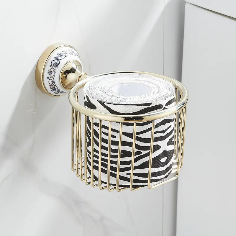 ensemble d'accessoires salle bain or blanc bleu motifs floraux anneau serviette porte papier toilette