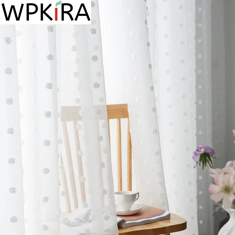 rideau moderne tulle blanc motif points gris minimaliste chaîne métallique adapté salon chambre translucide