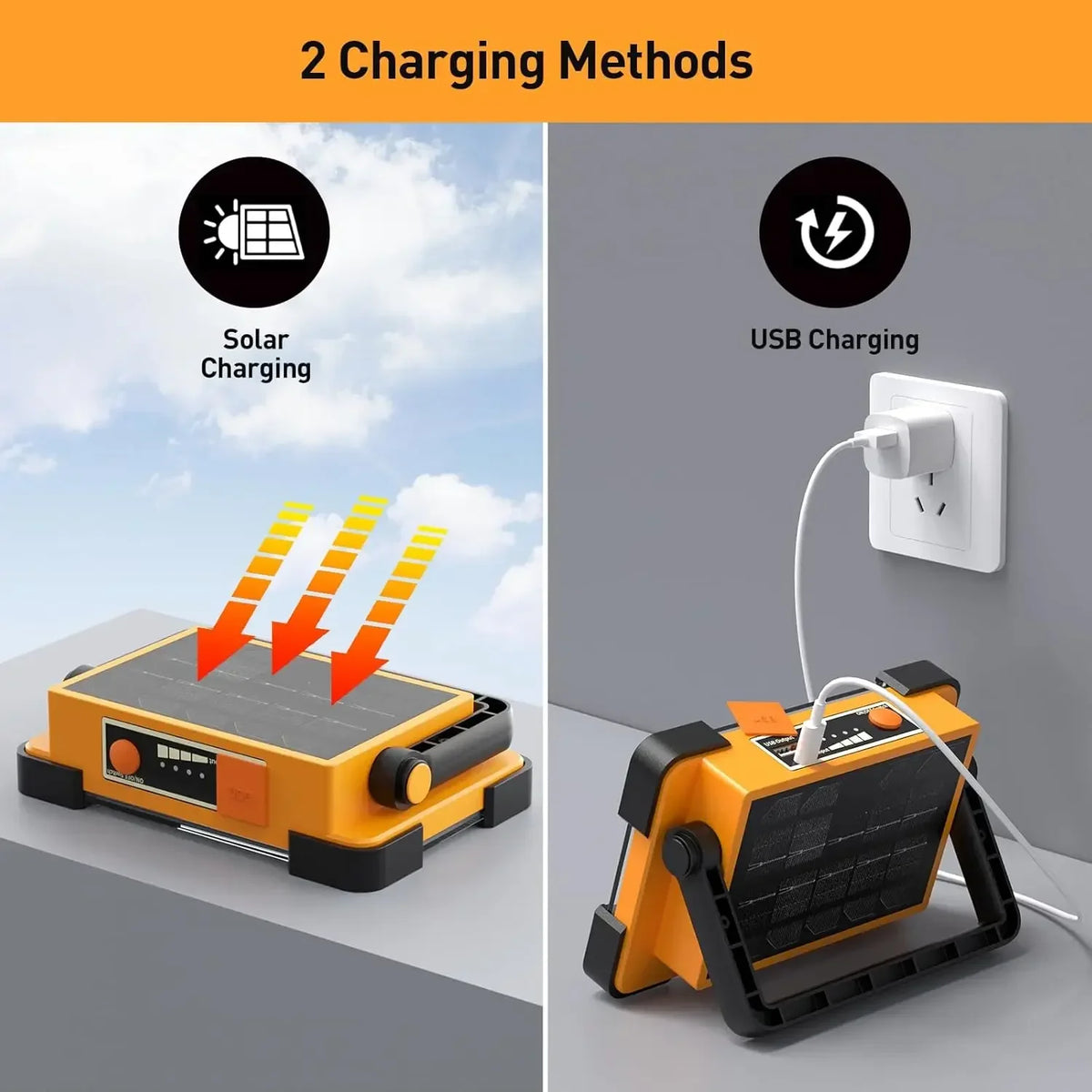 lampe travail solaire rechargeable led orange robuste poignée ajustable camping